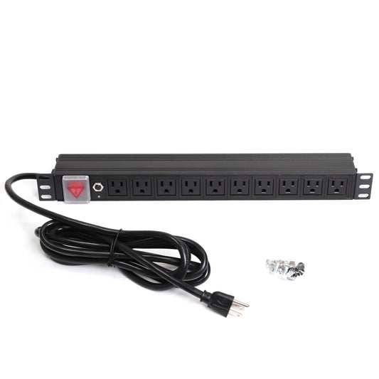 Aeons 1U 19" Rack Mount Server Network PDU Power Strip, 10 Right Angle Outlets 15A Switch, Overload Protector, 10ft Power Cord, Rackmount Metal Slim
