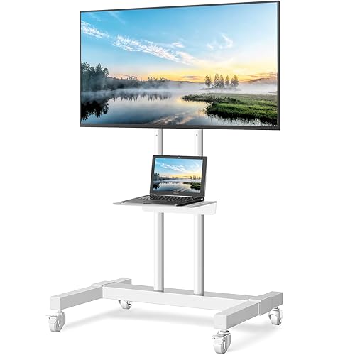 TVON Upgraded Mobile TV Stand on Wheels for 32-83 inch Flat Screen/Curved TVs up to 110 lbs, Height Adjustable Mobile TV Cart with Metal Laptop Shelf
