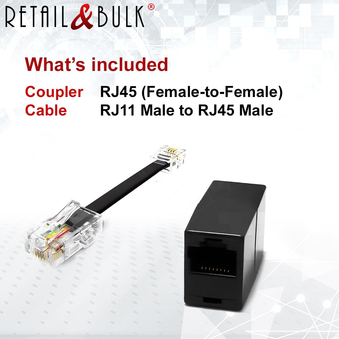 RetailAndBulk 1-Pack RJ11 to RJ45 Adapter Phone Line to Ethernet - RJ45 Female to RJ11 Male for Landline, Fax, DSL Modem Connection (Black, Made…
