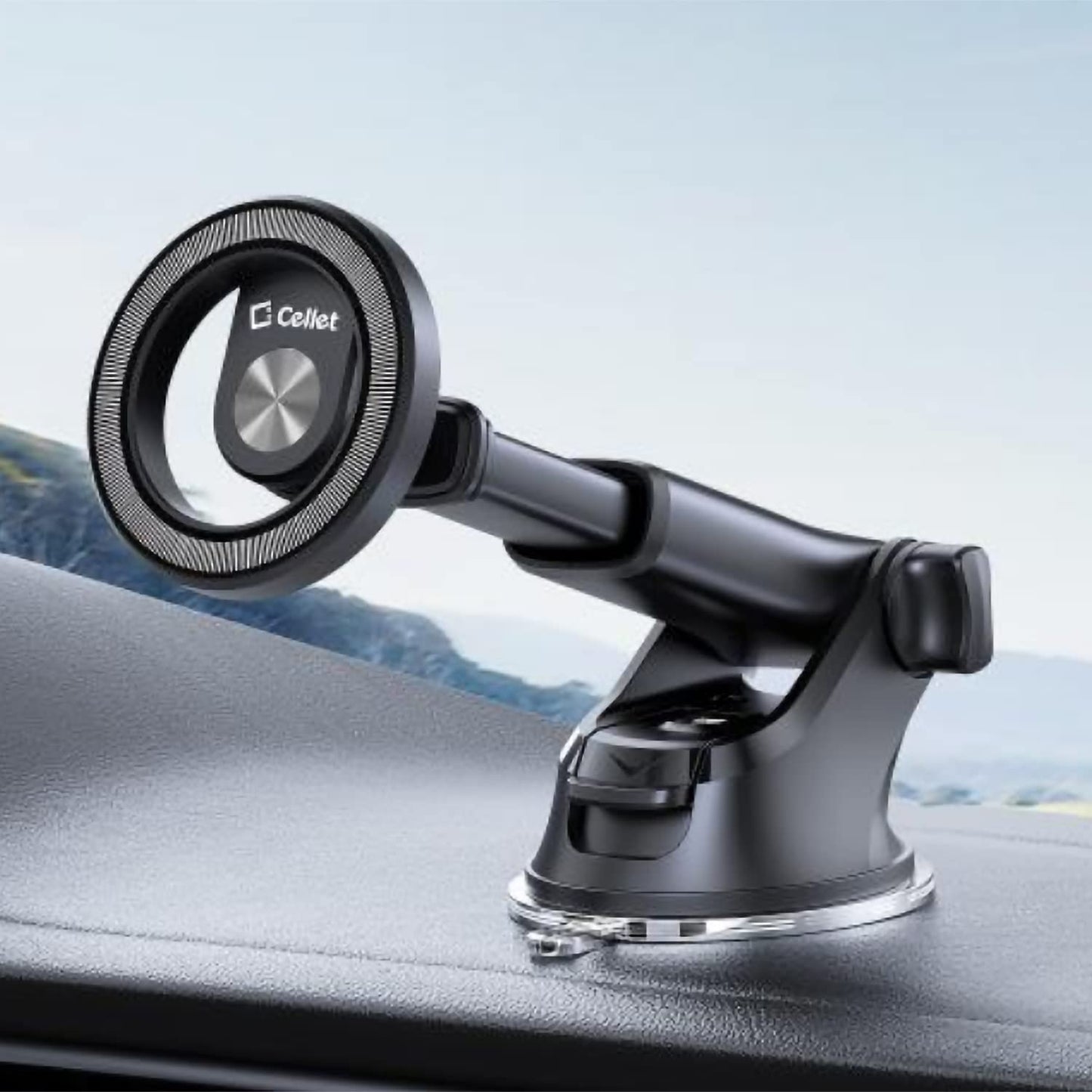 Cellet Magnetic Car Phone Mount with Strong N52 Magnets - 360° Rotation, Telescopic Arm, Reusable Suction Cup - Dashboard & Windshield Holder