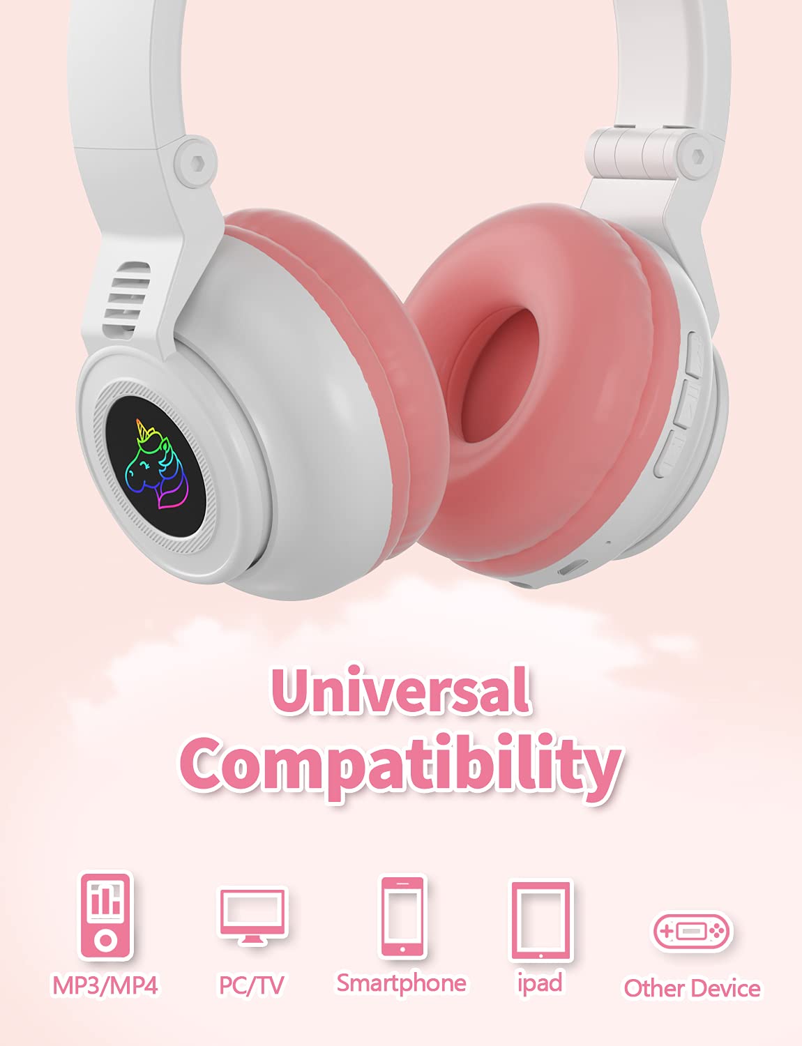 YUSONIC Unicorn Kids Headphones for Girls, Unicorn Bluetooth Headphones Foldable for Girls Toddlers Tablet/pad/Amazon fire,Light Up Kids Wireless…