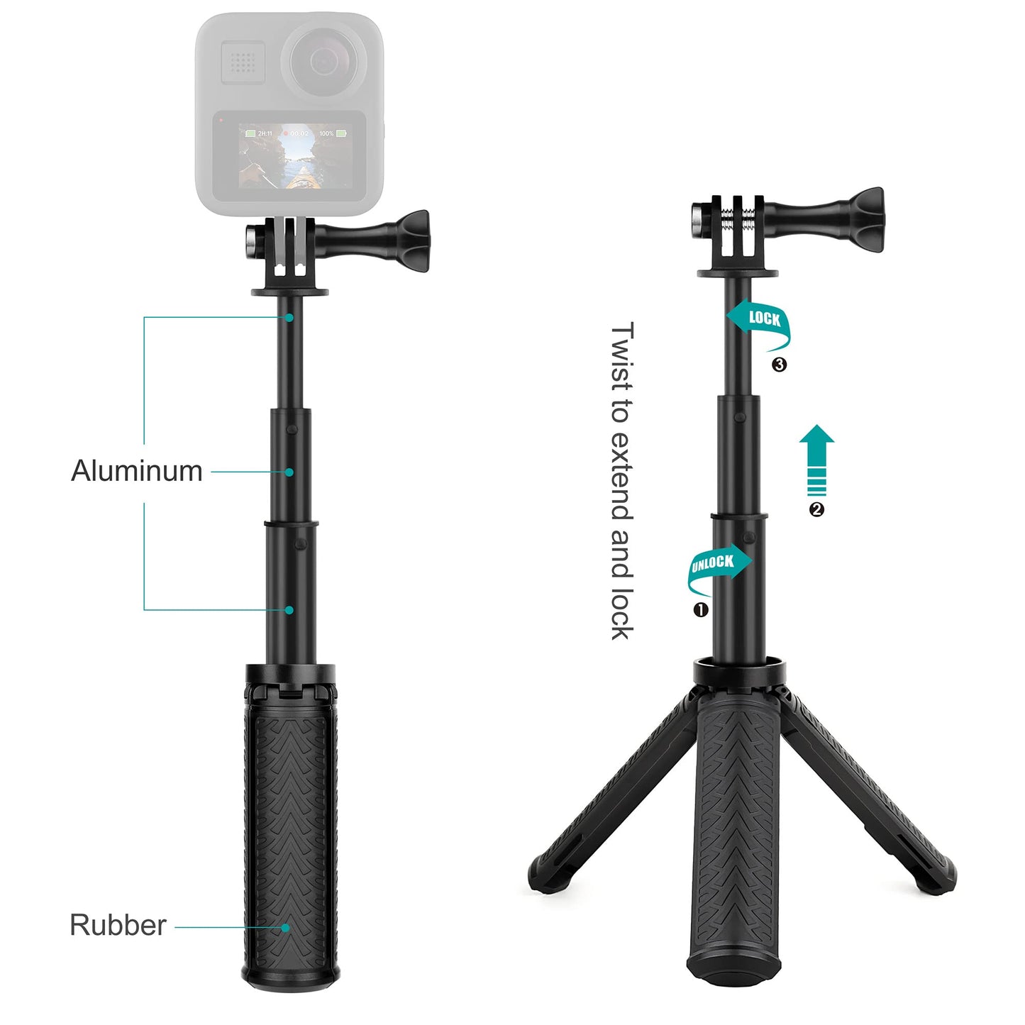 GEPULY Mini Hand Grip Selfie Stick Tripod Stand for GoPro Hero 13 12 11 10 9 8 7 6 5 4 3,Session, Fusion, Max,Insta360, DJI, Akaso, Phone-Use it as a
