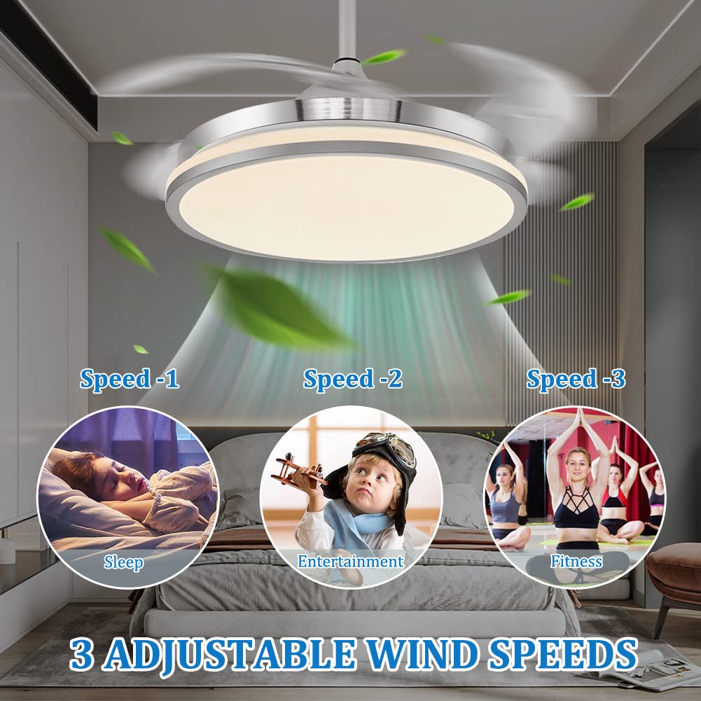 PDDL Home 42 Inch Fandelier Ceiling Fan Light with Remote Control, Retractable Fan Blade Chandelier Fan with Silent Motor