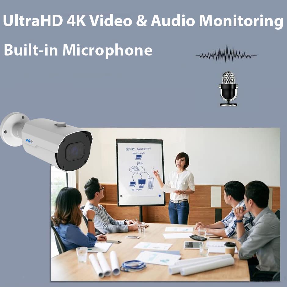 GW Security 4K 8MP Outdoor/Indoor 2.8-12mm 4X Motorized Zoom Lens PoE IP Microphone Video & Audio Bullet Security Camera (GW8550MMIC)