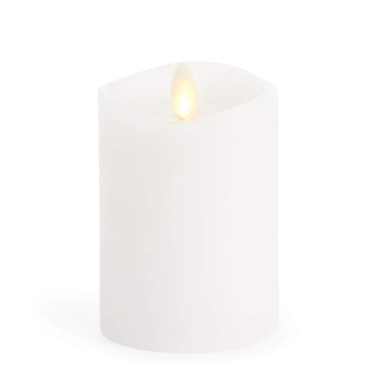 Luminara Flameless Pillar Candle, Small (4.5 inches, Unscented) Real-Flame Effect, Melted Edge, Real Wax, Smooth Finish, White, LED Battery-Powered