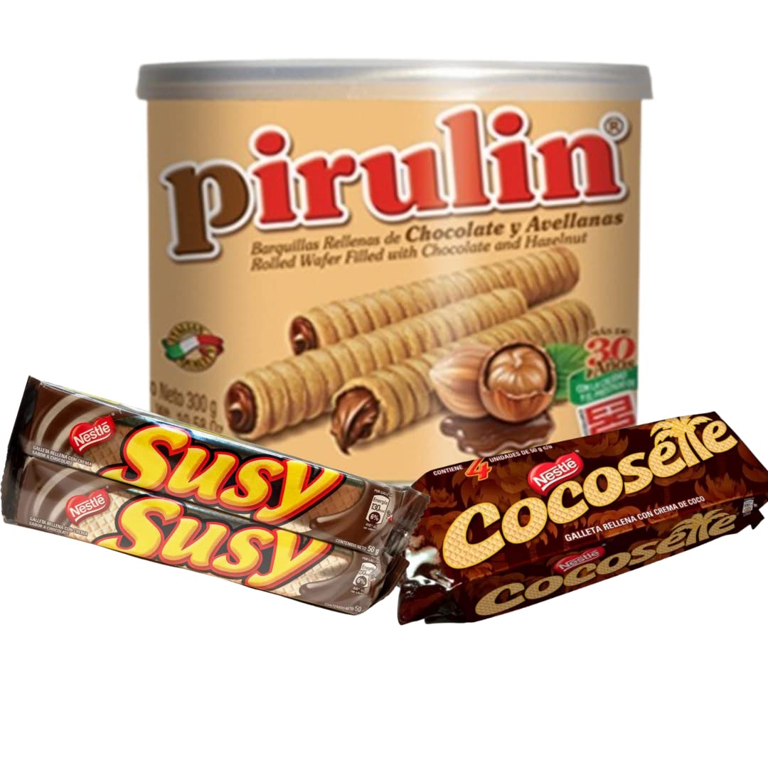 Latinsabor Venezuela Snacks Sweet Pack: COCOSETTE Cookie Wafers 50 gr (4 Pack) + SUSY Cookie Wafers 50 Gr (4 pack) + Pirulin Wafer Filled…