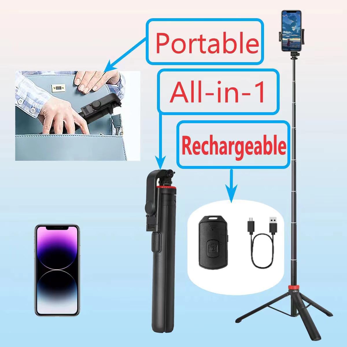 66" Tripod for iPhone & Camera, Portable Phone Tripod with Rechargeable Remote Control and Rotate Phone Stand, Selfie Stick for iPhone/Gopro