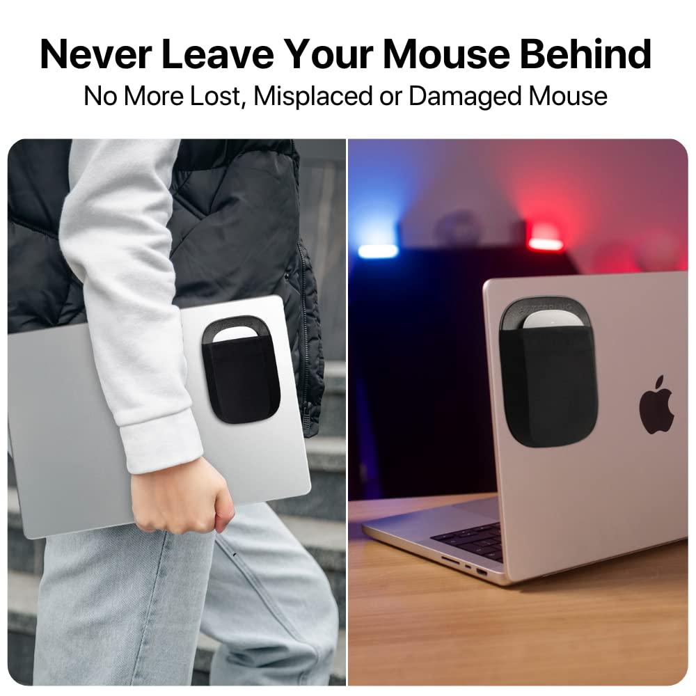 Afterplug Stick-On Mouse Pouch for Laptop, Adhesive Holder Compatible with Apple Magic Mouse 1 & 2, Logitech Pebble & Pop and Other Slim Mice - Black