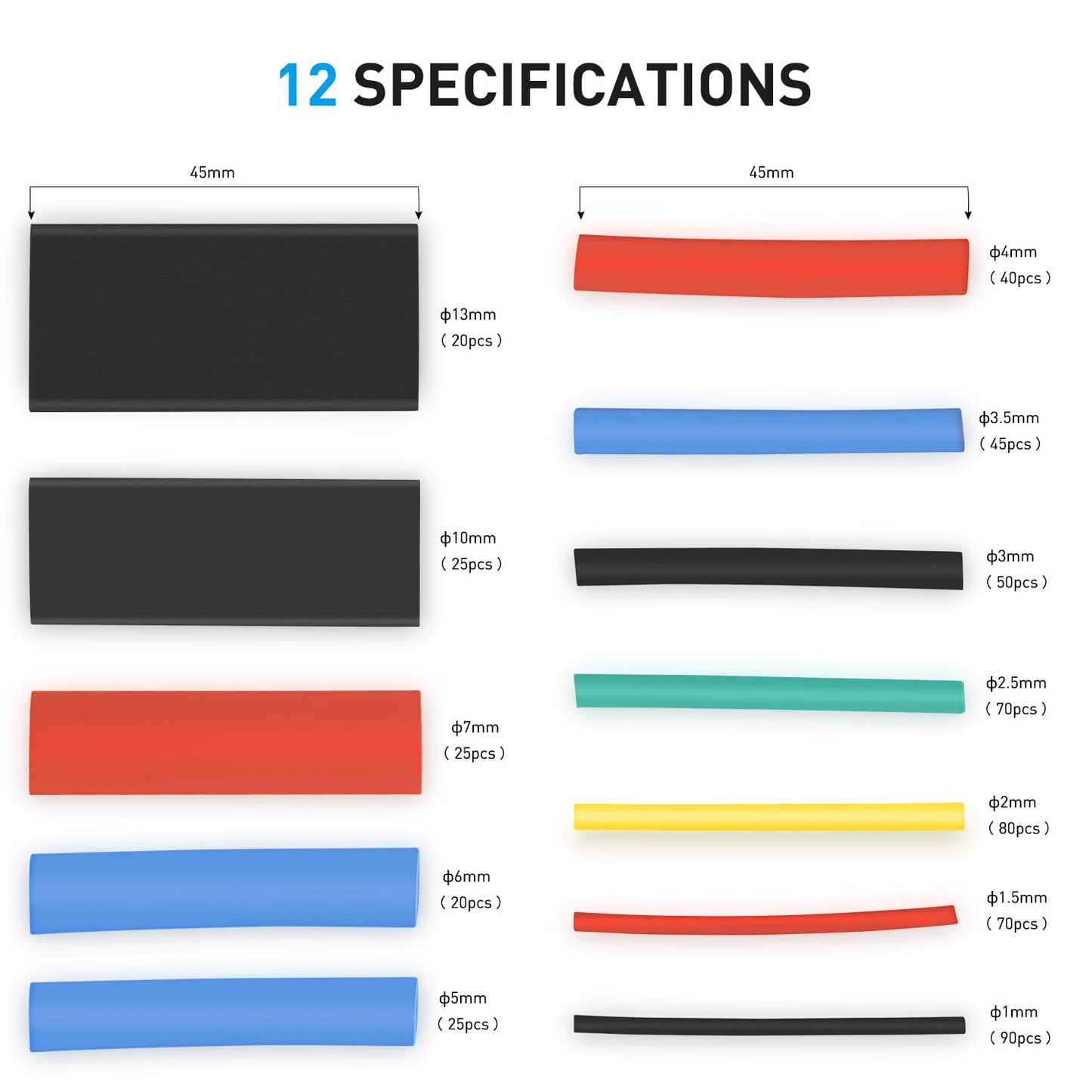 Nilight - 50005R Heat Shrink 2:1 Electric Insulation Tube Kit 45mm Flame Retardant Wrap Cable Sleeve 560pcs 5 Colors 12 Sizes with Storage Box?2 Years