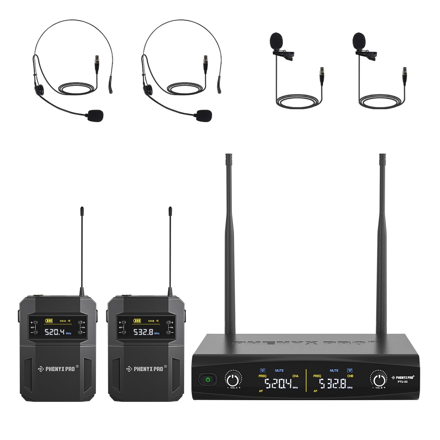 Phenyx Pro UHF Wireless Microphone System w/ 2x30 Tunable Frequencies, Metal Cordless Mic Set, 200 ft Range, 2 Bodypacks & Headsets/Lapel Mics for