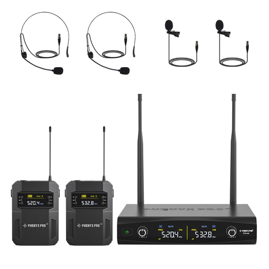 Phenyx Pro UHF Wireless Microphone System w/ 2x30 Tunable Frequencies, Metal Cordless Mic Set, 200 ft Range, 2 Bodypacks & Headsets/Lapel Mics for