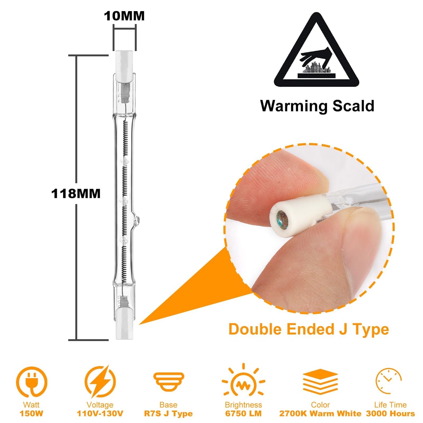 Jaenmsa R7S 150W Halogen Light Bulbs 118mm, 150 Watt J Type T3 Bulbs 120V, 4.6 Inch R7S Halogen Work Light Bulb with Double Ended Light Bulbs