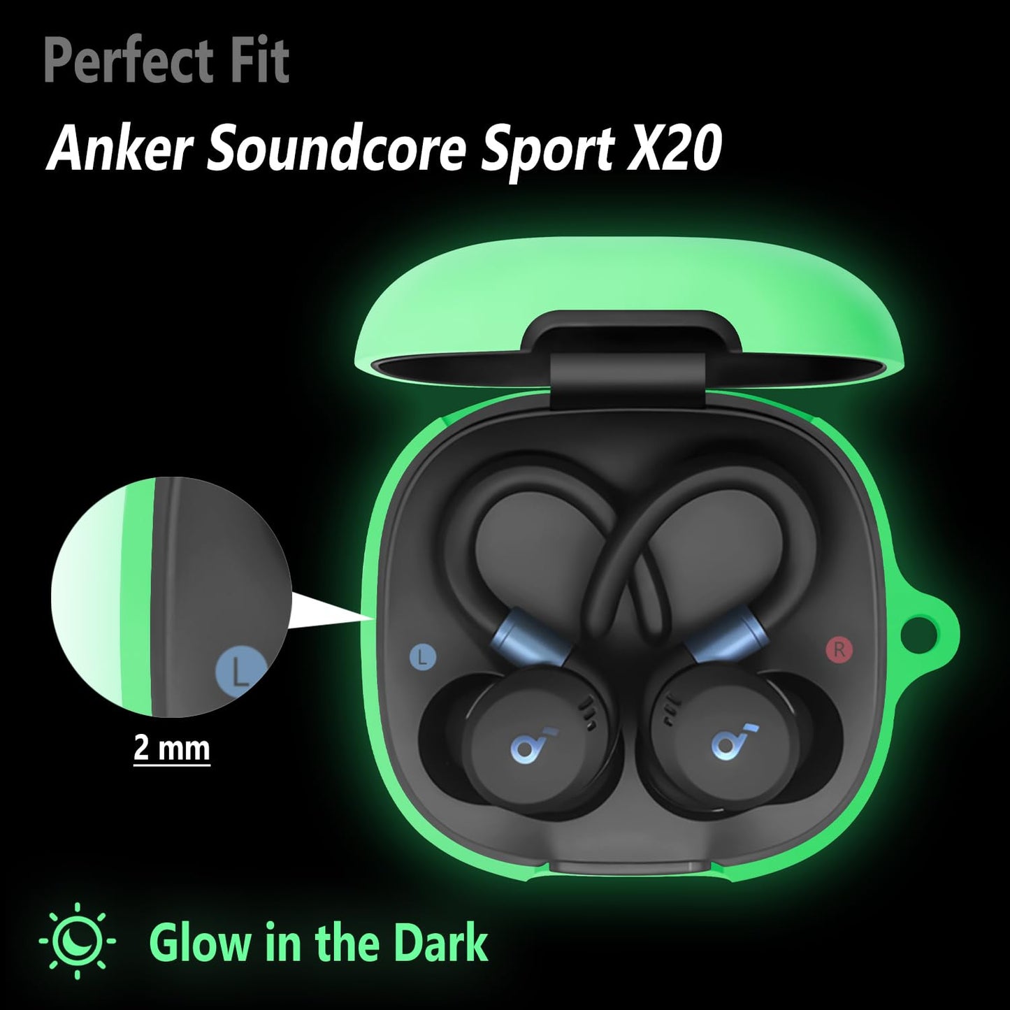 Geiomoo Soft Silicone Case for Anker Soundcore Sport X20, Shockproof Protective Skin Cover with Carabiner (Luminous Green)