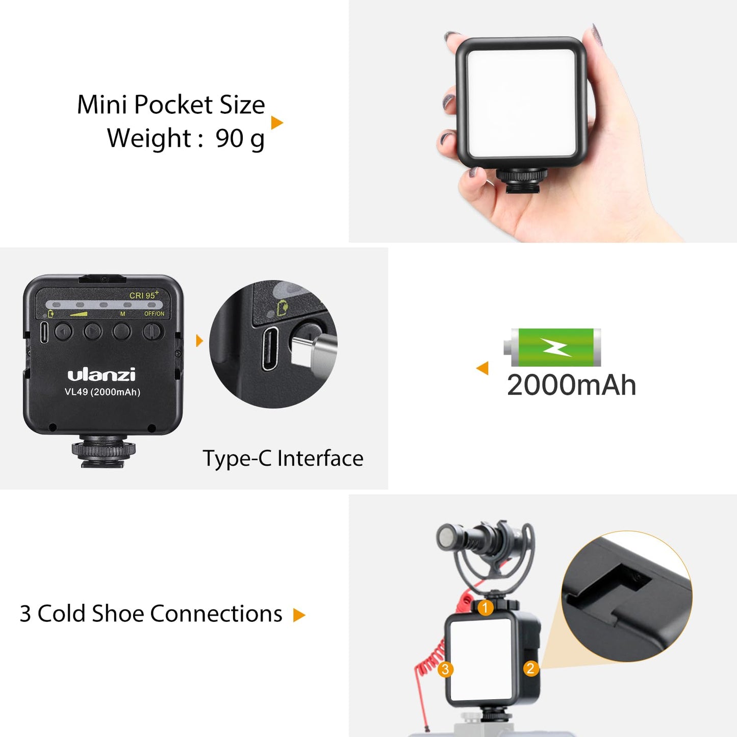 ULANZI VL49 2000mAh LED Video Light w 3 Cold Shoe, Rechargeable Soft Light Panel, Portable Photography Lighting for DJI OSMO Sony DSLR Canon Camera