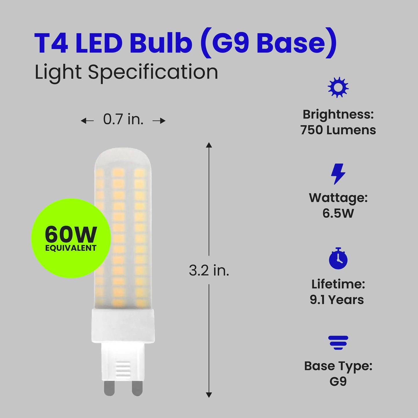 Feit Electric T4 LED Bulb G9 Base, Dimmable, 60W Equivalent, 3000K Warm White, 120V, 740 Lumens, 10,000 Hour Lifetime, Vanity Light Bulbs