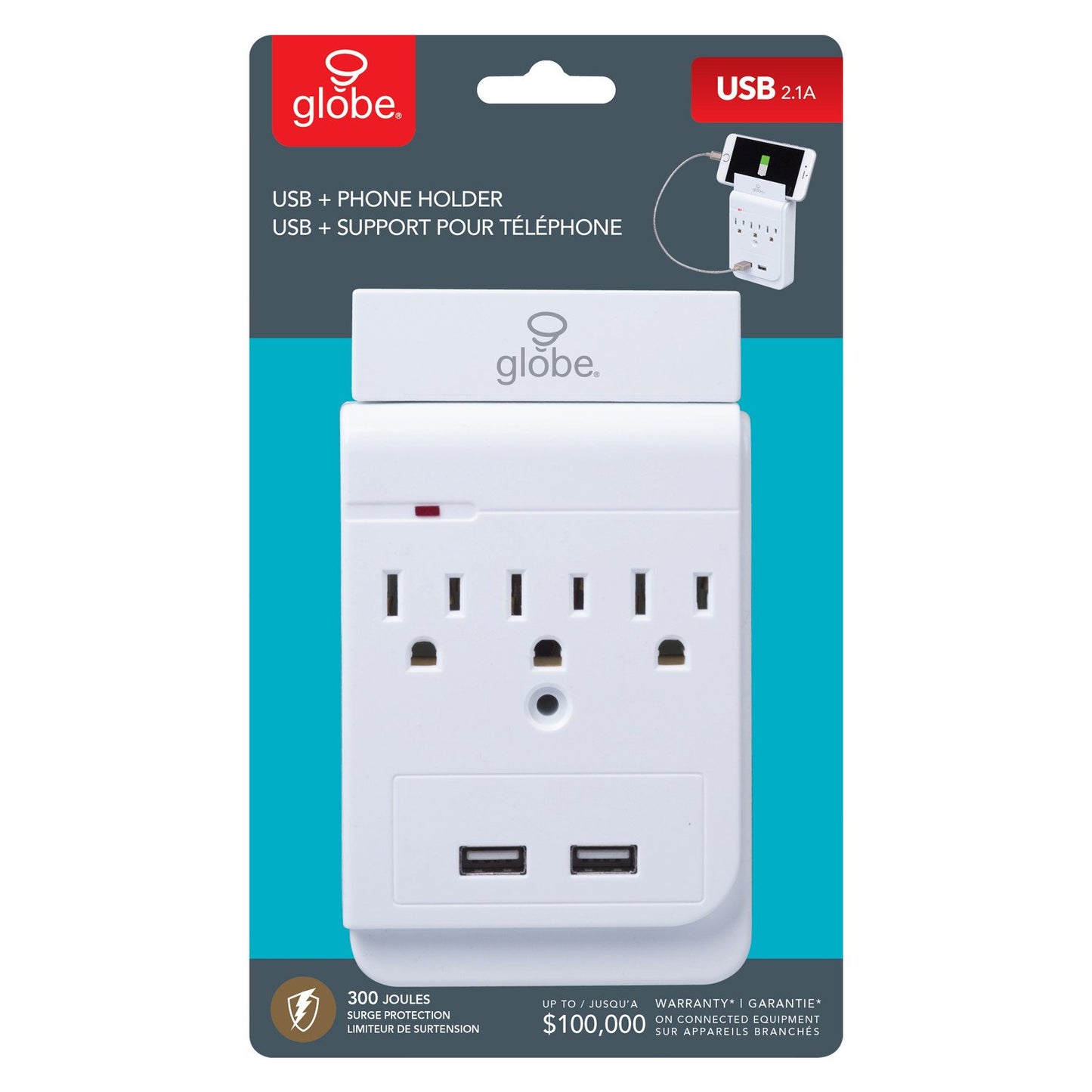 Globe Electric 78081 3-Outlet Charging Station Surge Protector Wall Tap, 2x USB Ports, Phone Holder, White Finish