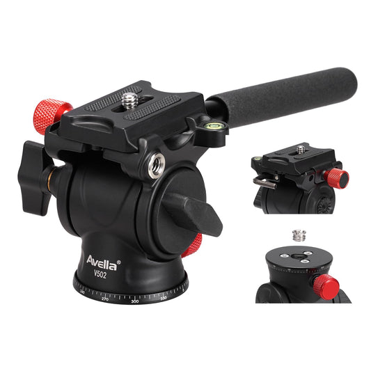 Avella Tripod Fluid Head Pan Tilt Head with Arca Type Quick Release Plate and Handle, Metal Panorama Head with Scaled Base for Compact Video Camera