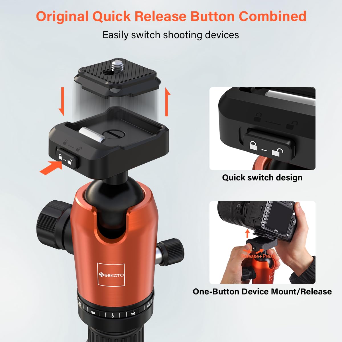 GEEKOTO 65" Carbon Fiber Camera Tripod,Heavy Duty Tripod with 360° Ball Head, 1/4" Quick Release Plate, Supports 26.5 lbs, Converts to Monopod