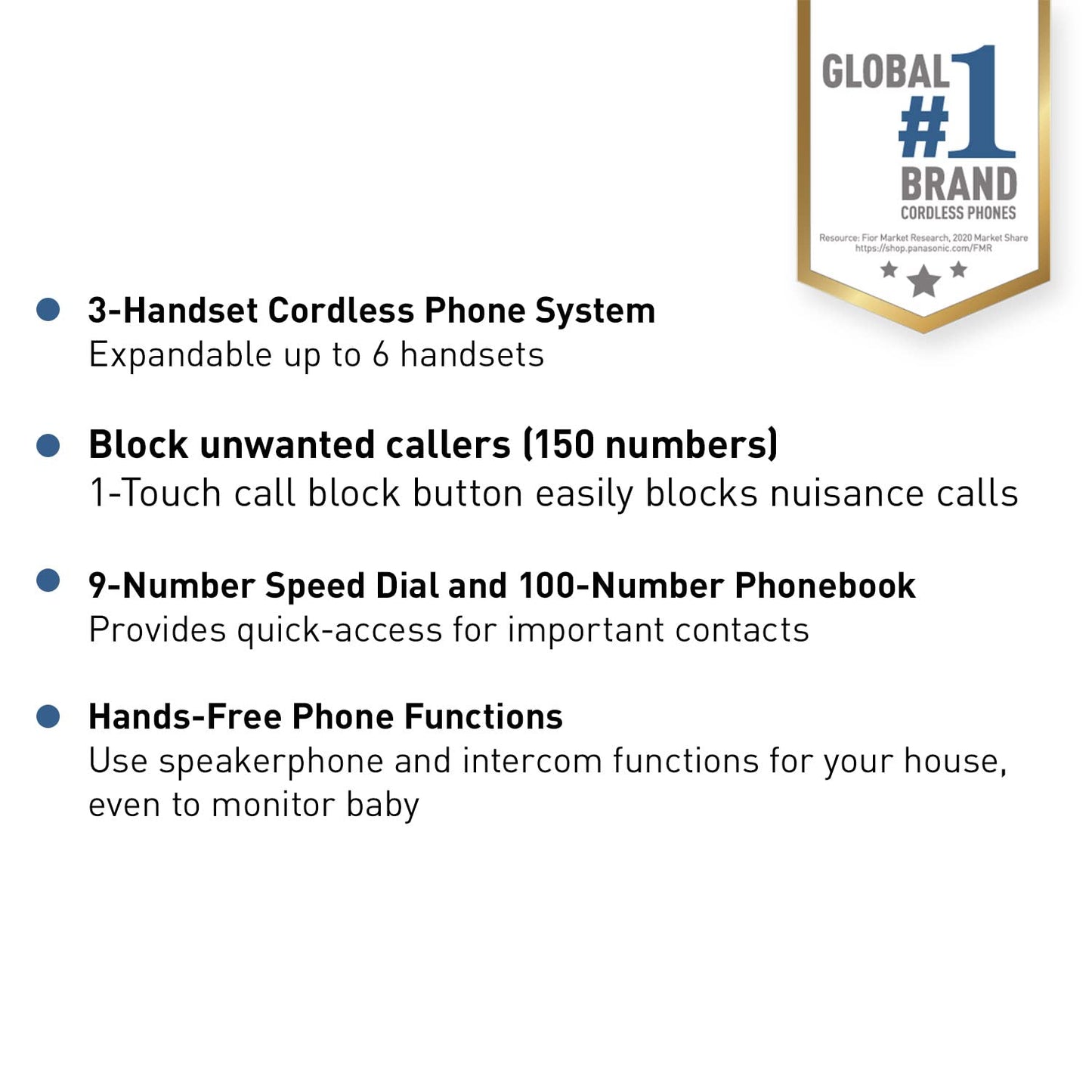 Panasonic Cordless Phone System, Expandable Home Phone with Call Blocking, Bilingual Caller ID and High-Contrast Display, 3 Handset - KX-TGD613B