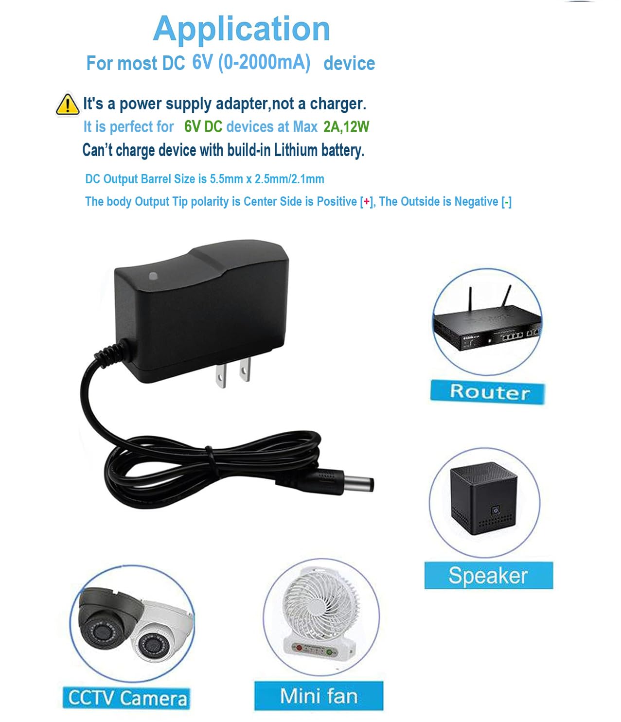 DC 6V 2A Power Supply Adapter 100-240 AC to 6V 2A (2000mA) Power Adapter DC6V Power Cord /5.5x2.5mm Compatible US Plug AC/DC Transformer
