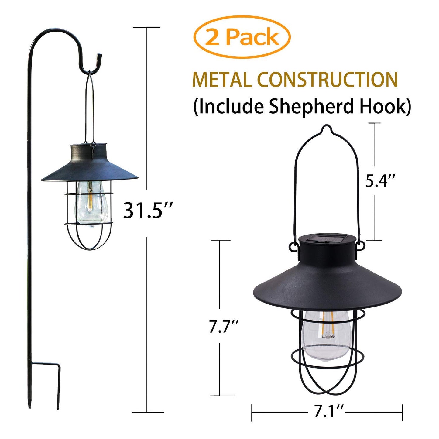 2 Pack EKQ Hanging Solar Lights Lantern Lamp with Shepherd Hook, Metal Waterproof Edison Bulb Lights for Garden Outdoor Pathway (Black)