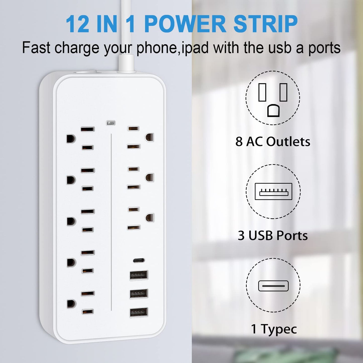 Surge Protector Power Strip, 4FT Extension Cord (2000W/10A) Flat Plug Power Strip with 8 Outlets 4 USB (1 USB C) Charging Ports, 1700 Joules Wall