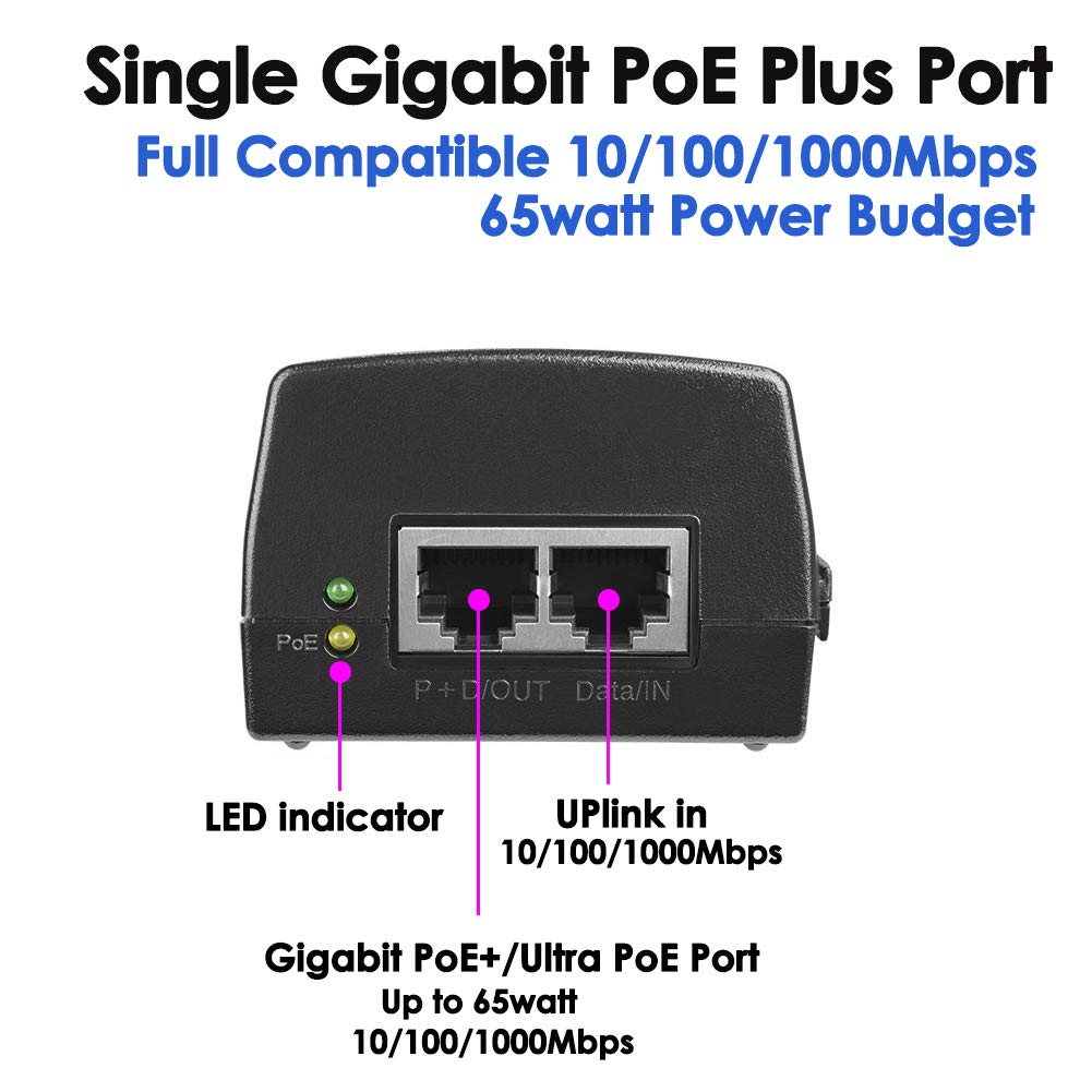 60W Gigabit PoE++ Injector - 10/100/1000Mbps, RJ45 Shielded, IEEE 802.3af/at/BT Compliant, PoE Switch Powerline Network Adapter for High Power