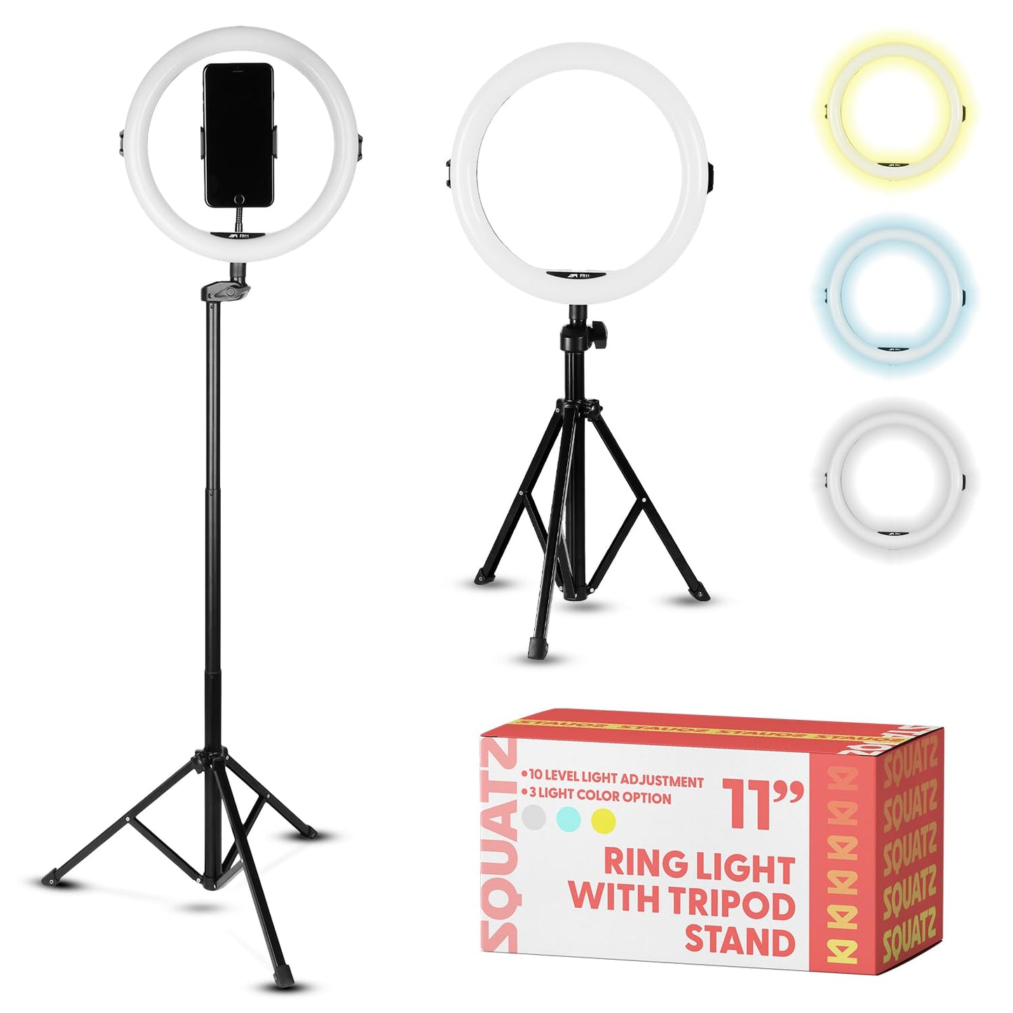 Squatz 11" Selfie Ring Light with 61" Tripod Stand, LED Ring Light with Phone Holder, Wired Control USB, 10 Brightness Levels, 3 Color Modes