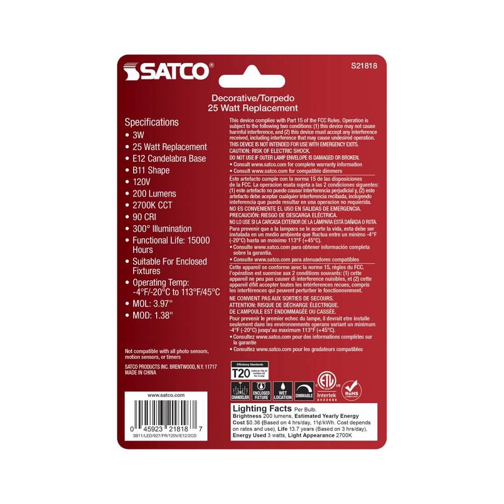 Satco S21818 3 Watt B11 LED Bulb, Frosted, Candelabra Base, 2700K, 200 Lumens, 120 Volt, 2-Pack
