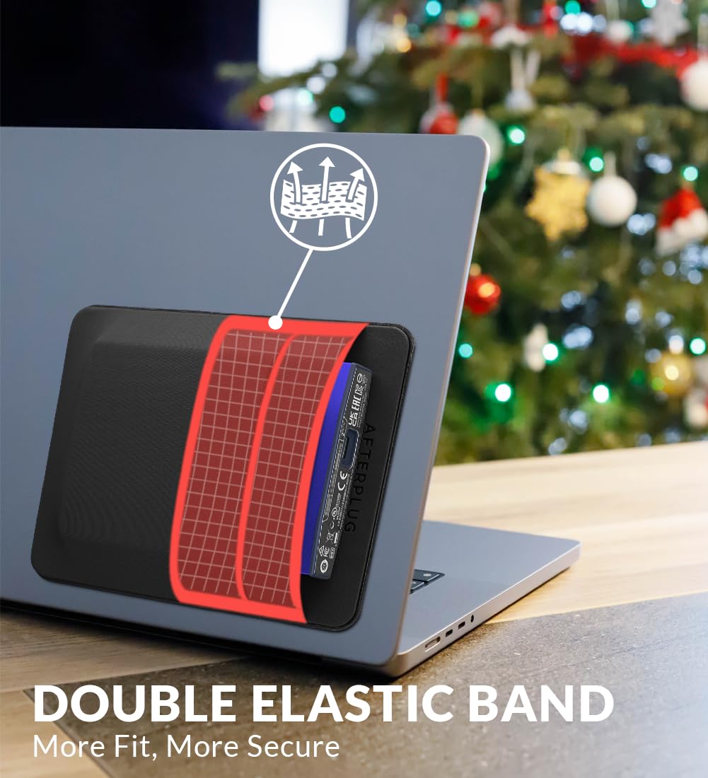Afterplug 2-Pocket Adhesive Hard Drive Holder for Laptop, Stick-On Pocket Pouch for External Portable SSD, HDD, Slim Mouse and Cables (Large - Fits