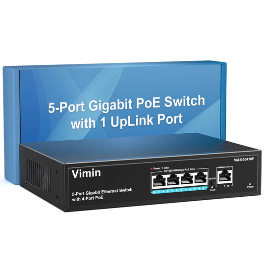 4 Port Gigabit PoE Switch with 1 Uplink Gigabit Ports, VIMIN 5 Port Unmanaged Ethernet PoE Switch with 72W Power, Support IEEE802.3af/at, VLAN, Metal