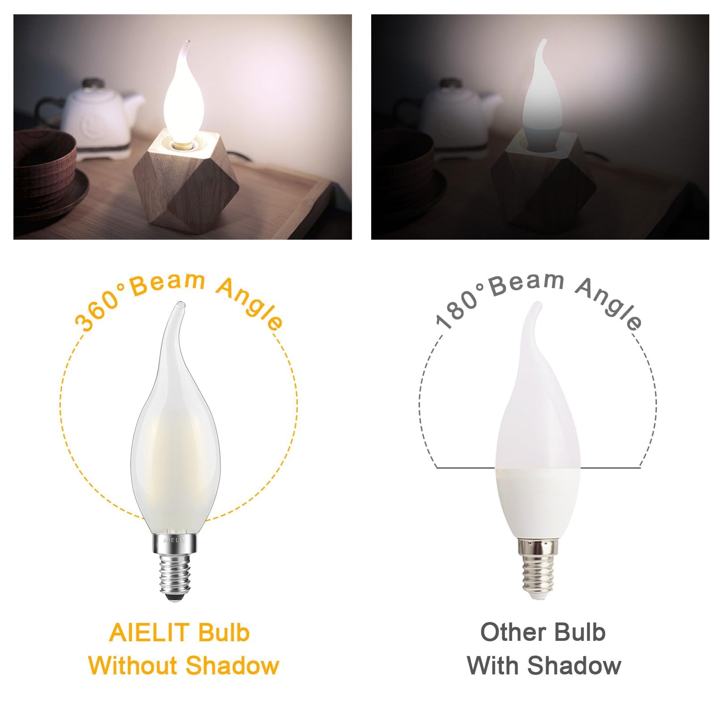 AIELIT Frosted E12 LED Candelabra Bulb Daylight, Dimmable, 2 Watt(25W Equivalent), Bright White 5000K, Flame Tip CA10 LED Candle Light Bulbs for Home