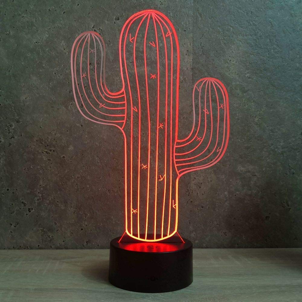 Jinnwell 3D Cactus Flower Night Light Lamp Illusion Led 7 Color Changing Touch Switch Table Desk Decoration Lamps Gift with Acrylic Flat ABS Base USB