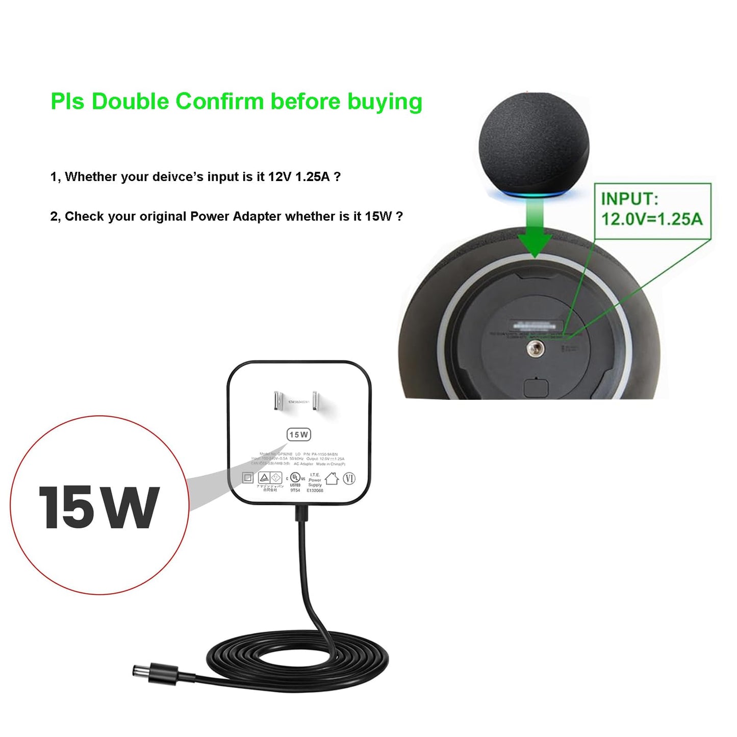 Power Cord Replacement for Alexa Dot 4th Gen/3rd Gen/5th Gen 2022, Show 5 2nd Generation 2021 Speaker, 15W Charger Adapter