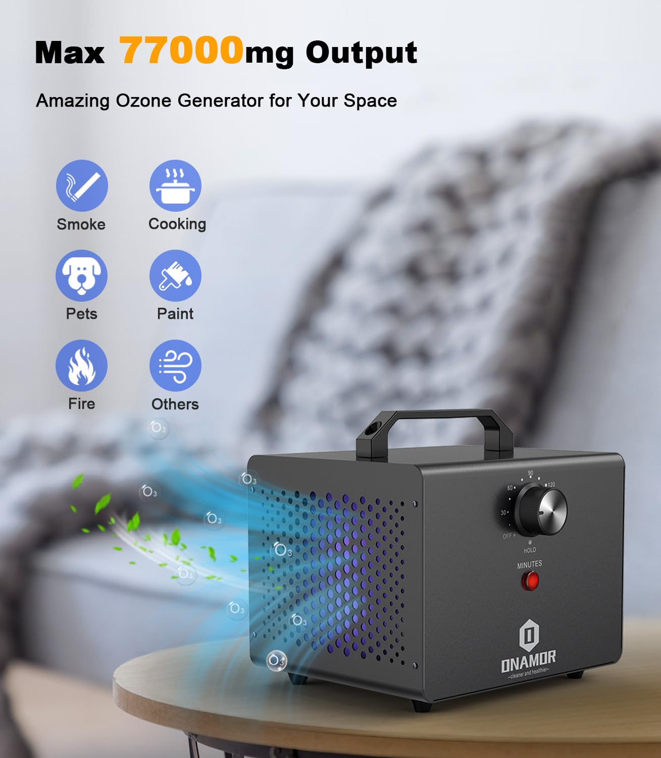 ONAMOR Ozone Generator 77000mg, Ozone Machine Ionizer O3 Deodorizer for Home, Basement, Smoke, and Pet Room (Eliminating Odors Area up to 4000 Square