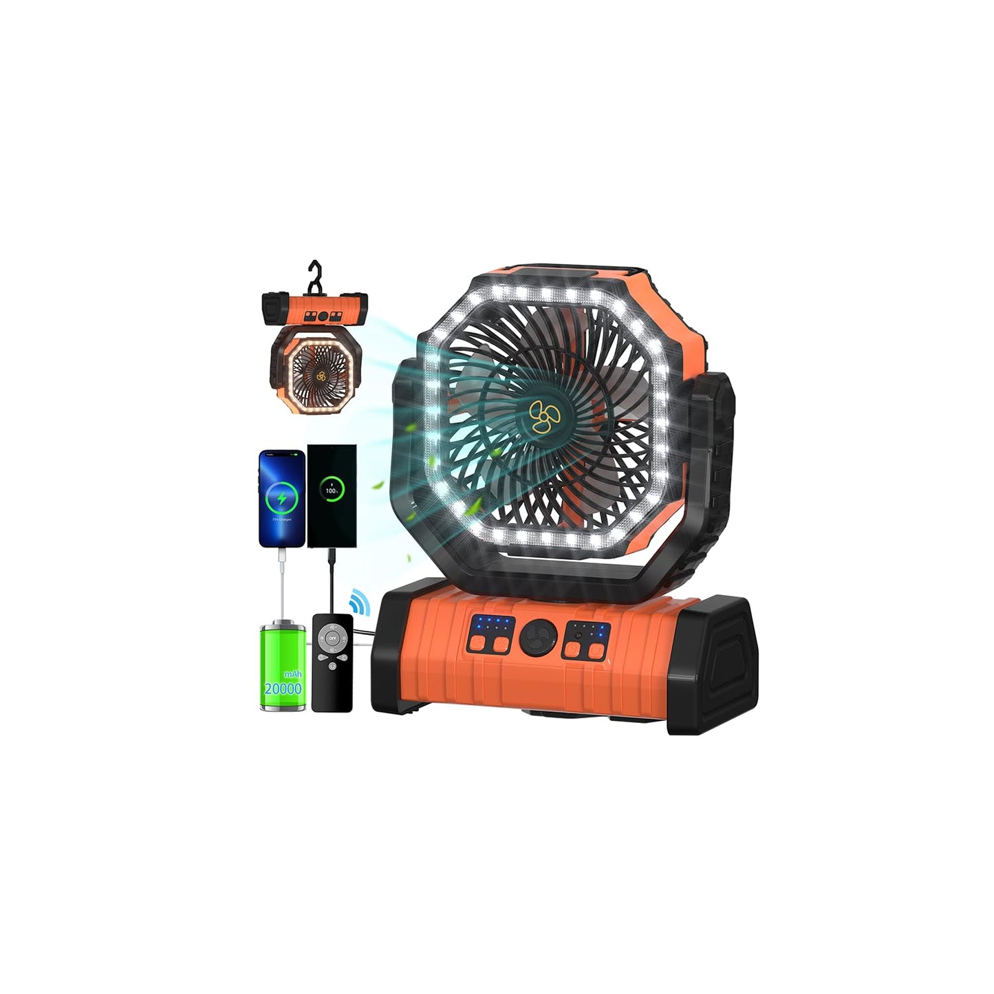ADUST Camping Fan Battery Powered 20000mAh Outdoor Tent Fans - Orange