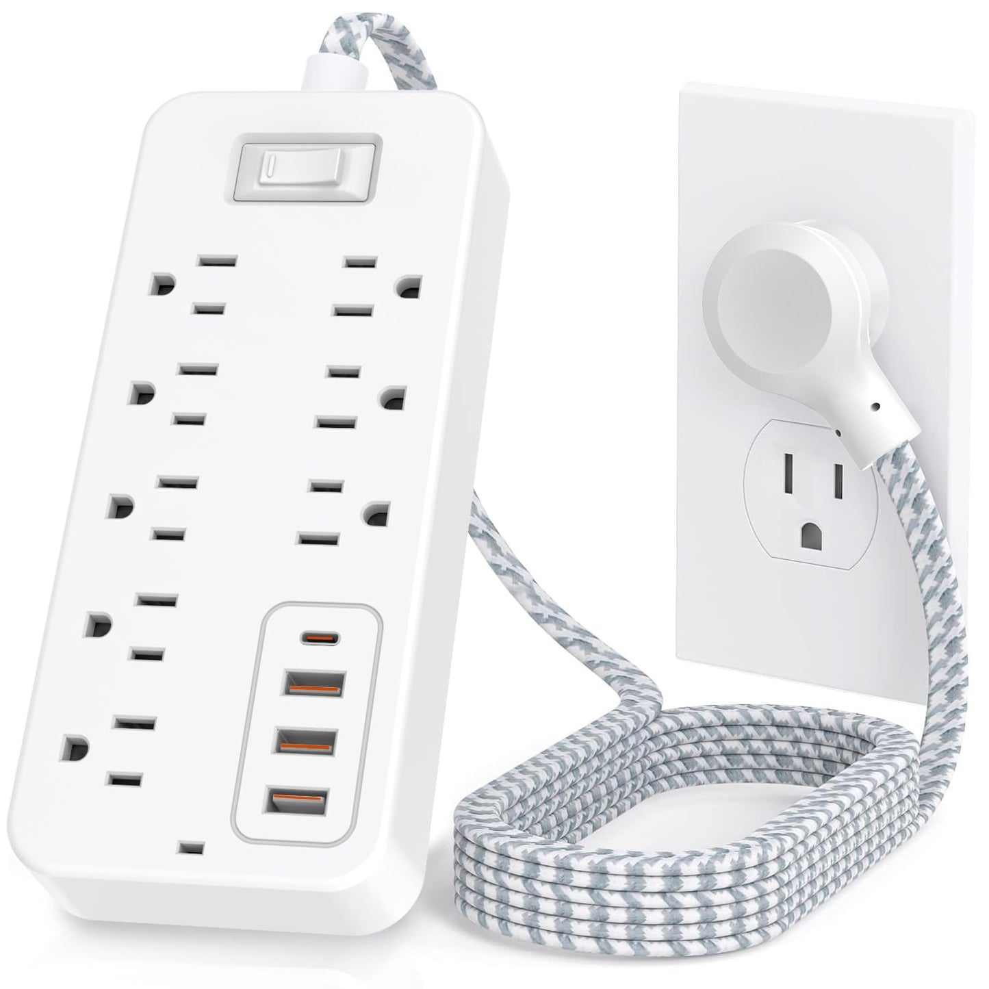 Power Strip Power Bar, Muti-Outlets Ports Desktop Charging Station, Flat Plug Overload Surge Protection Outlet Strip, USB Ports, Extension Cord, Wall