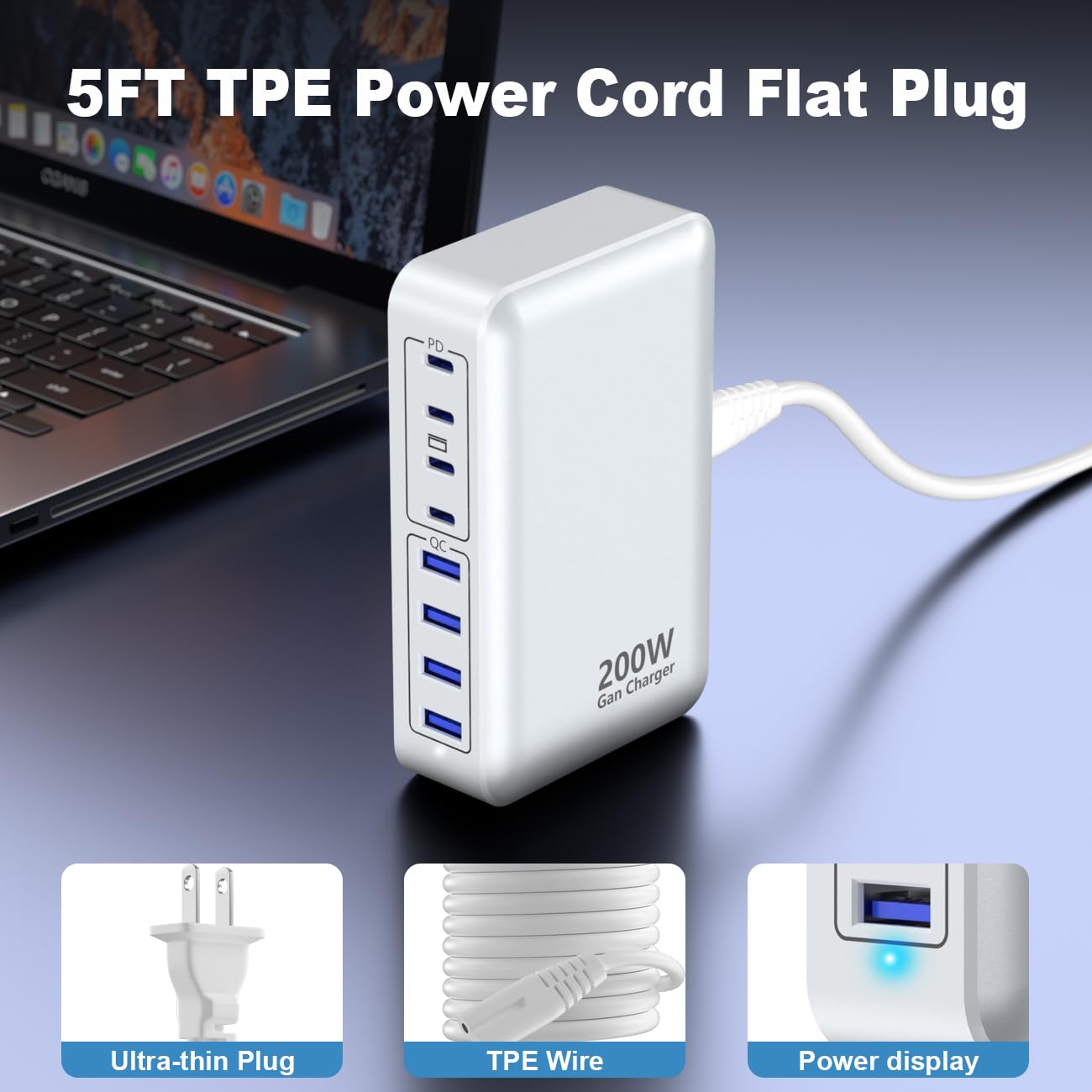 USB C Charger 200W Charger Block, 8-Ports Gan Fast Charging Station Hub, PD 65W Laptop Charging Adapter Compatible with MacBook Pro/Air, DELL, Steam