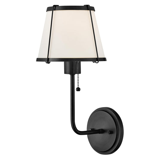 Hinkley Clarke Single Light Wall Sconce, Off-White Linen Tapered Shade, Traditional, On/Off Pull Chain, Black Finish