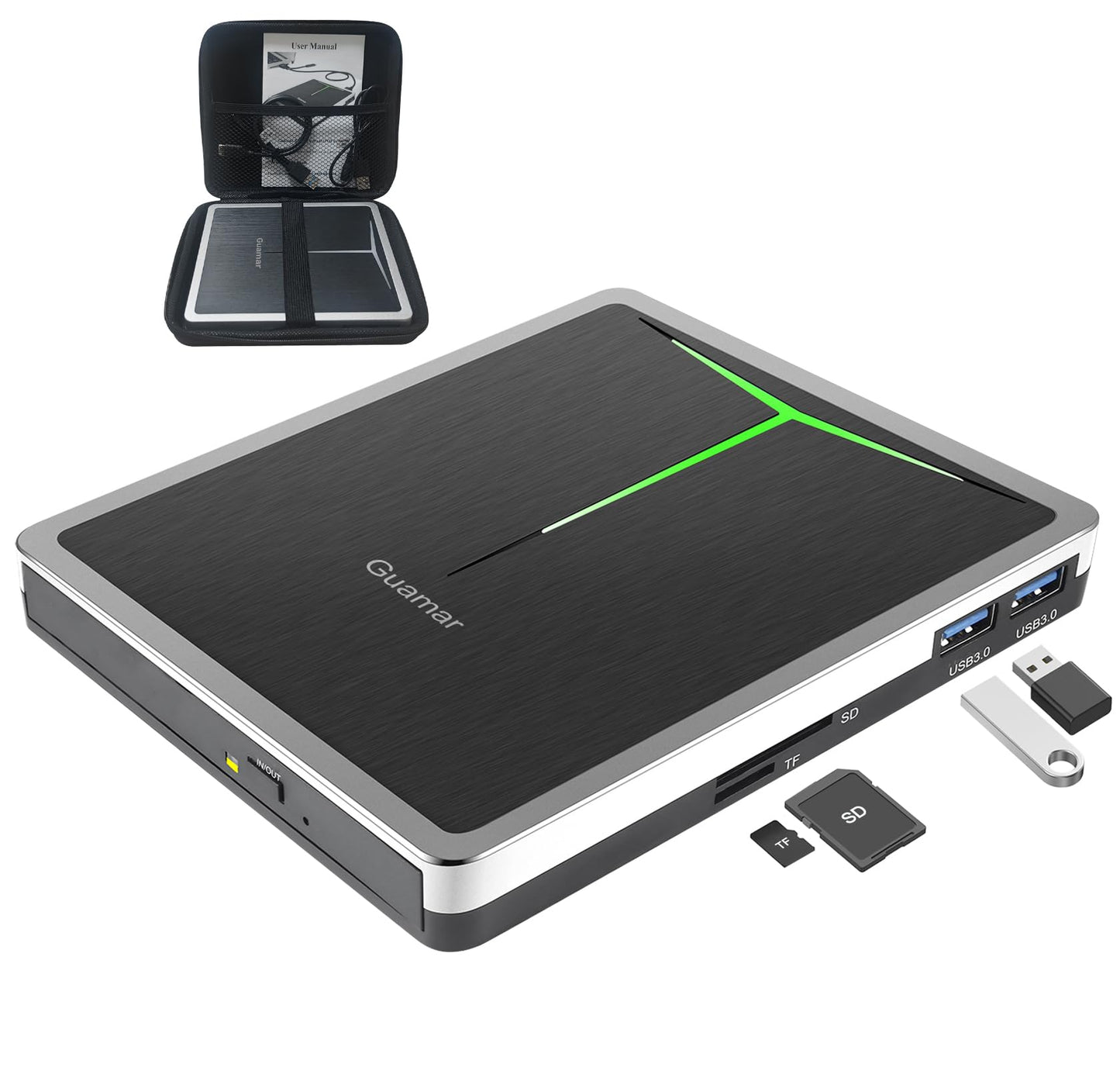 Guamar External DVD Drive for PC: USB-C CD Burner Player for Laptop Mac Windows 11 with SD/TF Slot/2 USB Ports/Carrying Case Read Write
