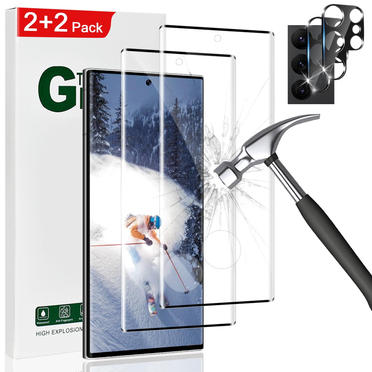 2 Pack Galaxy S23 Ultra Screen Protector, HD Clear Tempered Glass,2 Pack Camera Lens Protector, Fingerprint Unlock,3D Curved Full Coverage,Scratch