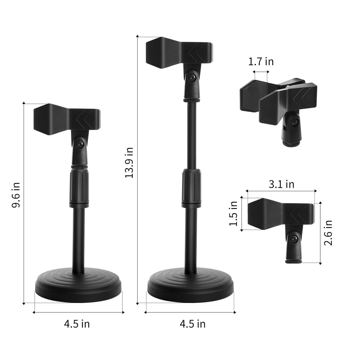 Desk Mic Stand - Upgraded Adjustable Table Microphone Stand with Mic Clip Compatible with Max 1.7 inch Diameter Microphone - Height 9.6 to 13.9 inch
