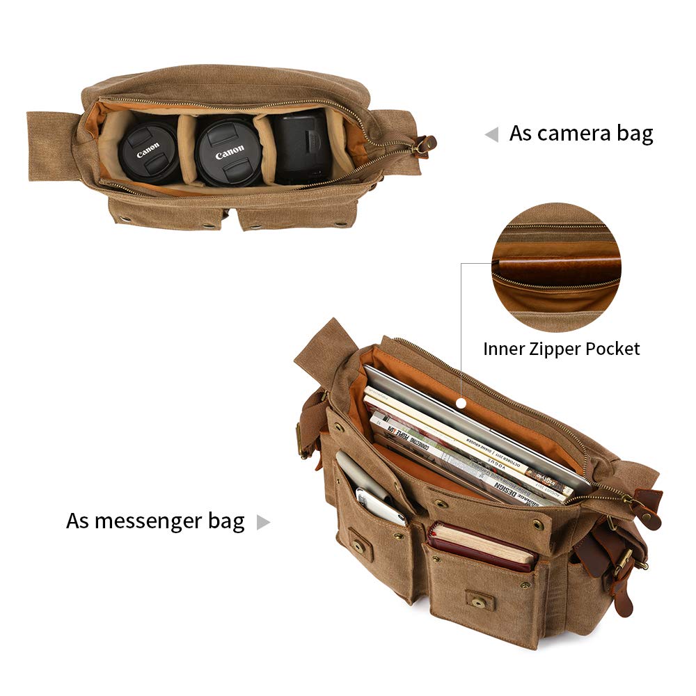 Kattee Leather Canvas Camera Bags for Men Vintage DSLR SLR Messenger Shoulder Bags Khaki
