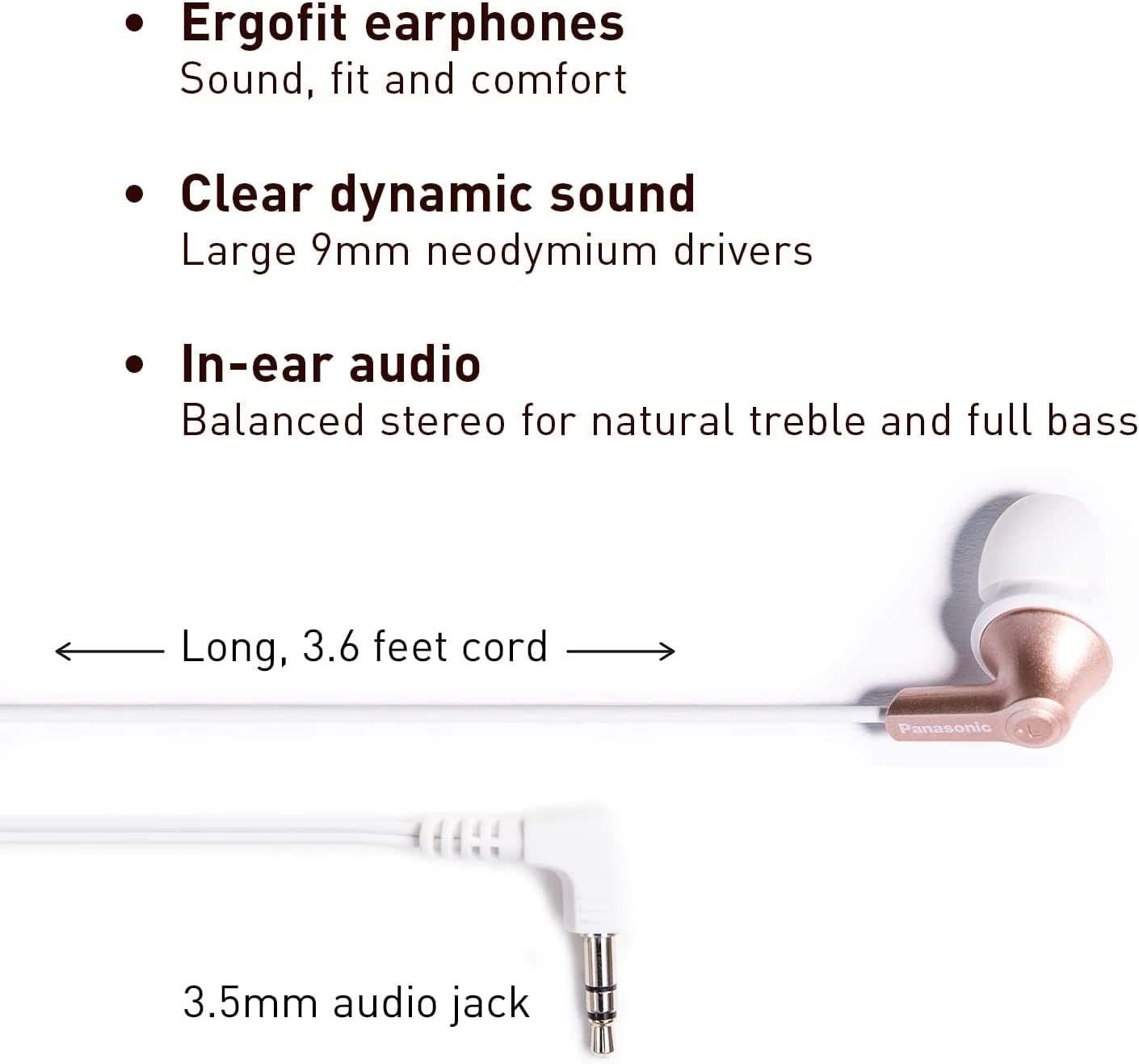 Panasonic ErgoFit Wired Earbuds, In-Ear Headphones with Dynamic Crystal-Clear Sound and Ergonomic Custom-Fit Earpieces (S/M/L), 3.5mm Jack for Phones
