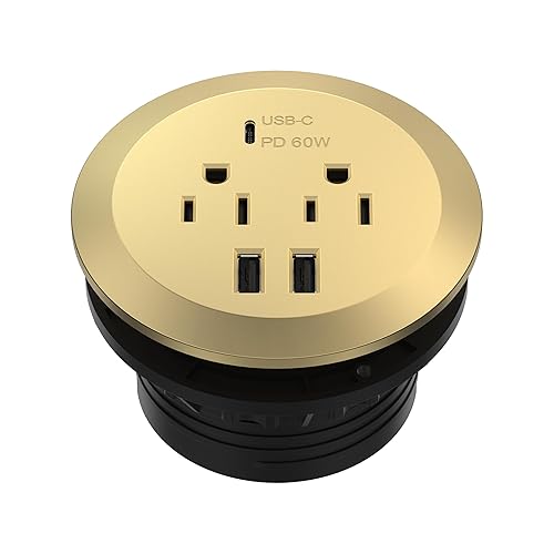 TOPGREENER GaN Desk Grommet with 65W PD for MacBook, Desktop Power Grommet with 1 Fast Charging USB-C Port, 2 USB-A Ports and Duplex Receptacles