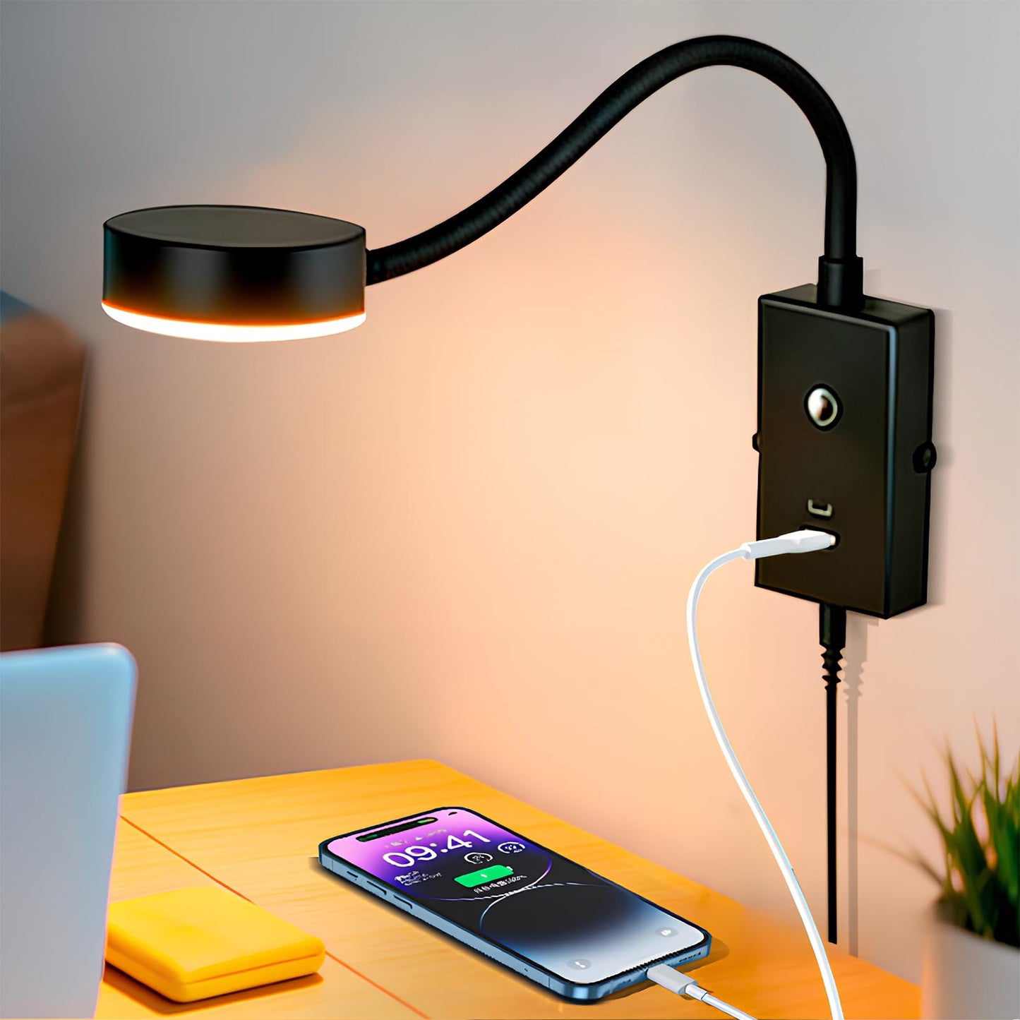 NOVCAND LED Wall Mounted Reading Light for Bed 2Pack, Flexible Gooseneck Book Light for Wall Bedside Lamp with USB-A/C Output,Touch Control 5 Dimmable