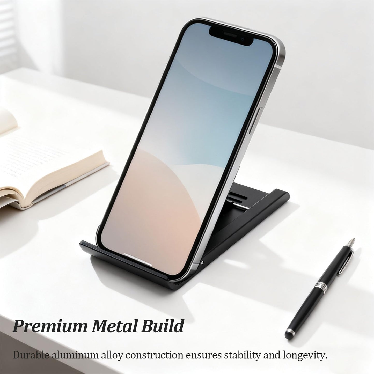 Attkryy Compact Adjustable Foldable Phone Stand for Desk - Black, Mini Mobile Holder for iPhone, Kindle, and Smartphones
