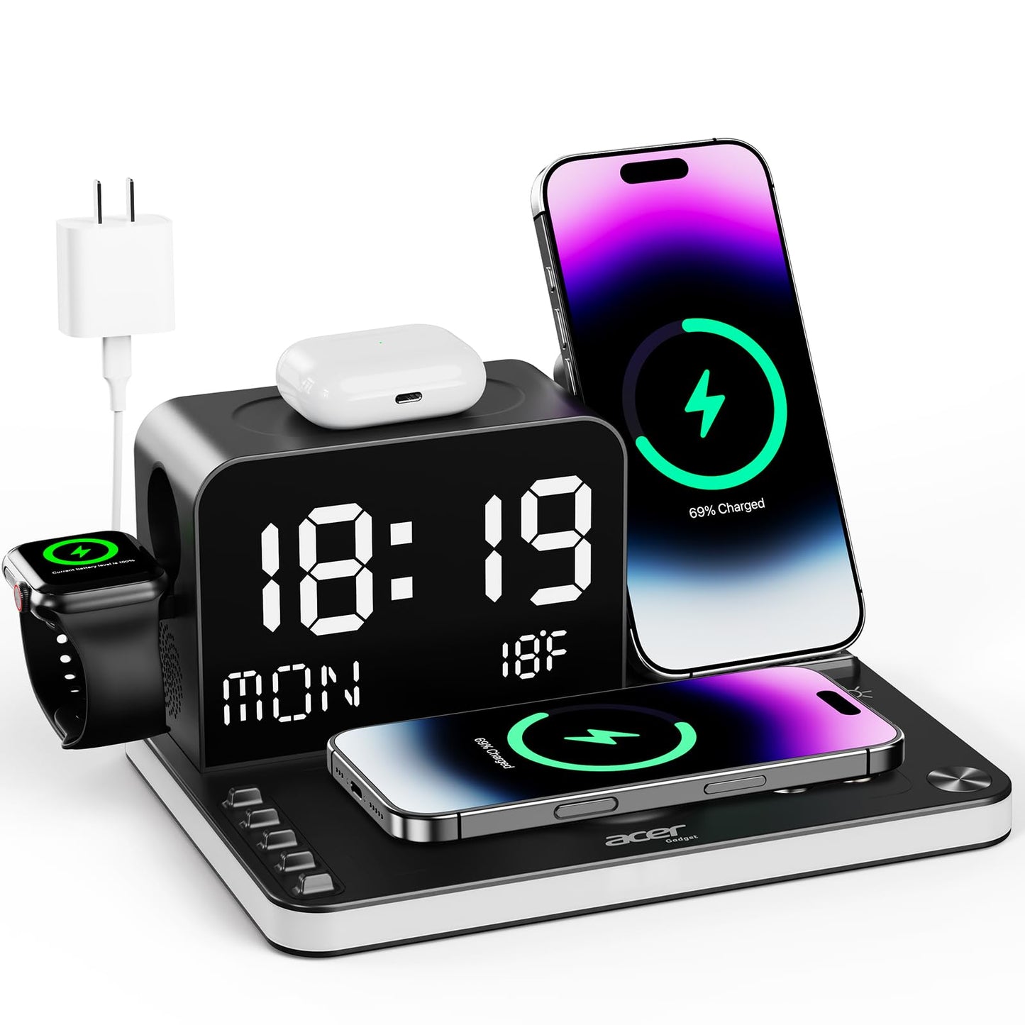 Acer Gadget 7-in-1 Wireless Charging Station Charger Stand for Multiple Devices for Apple - iPhone 17 16 15 14 13 12 Pro Max Apple Watch Airpods