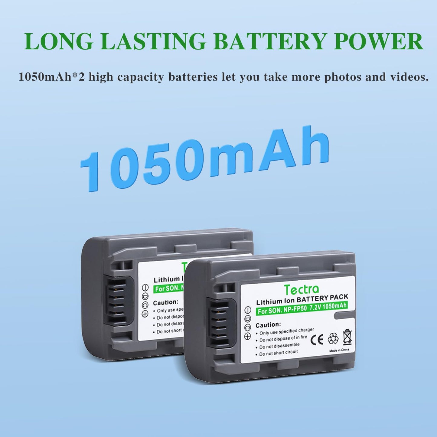 Tectra 2Pcs NP-FP50 NPFP50 Battery + Wall Charger for Sony NP-FP30, NP-FP60, NP-FP70, NP-FP90, NP-FP51 Series DCR-HC21 DCR-HC23 DCR-HC30 DVD103 DVD105