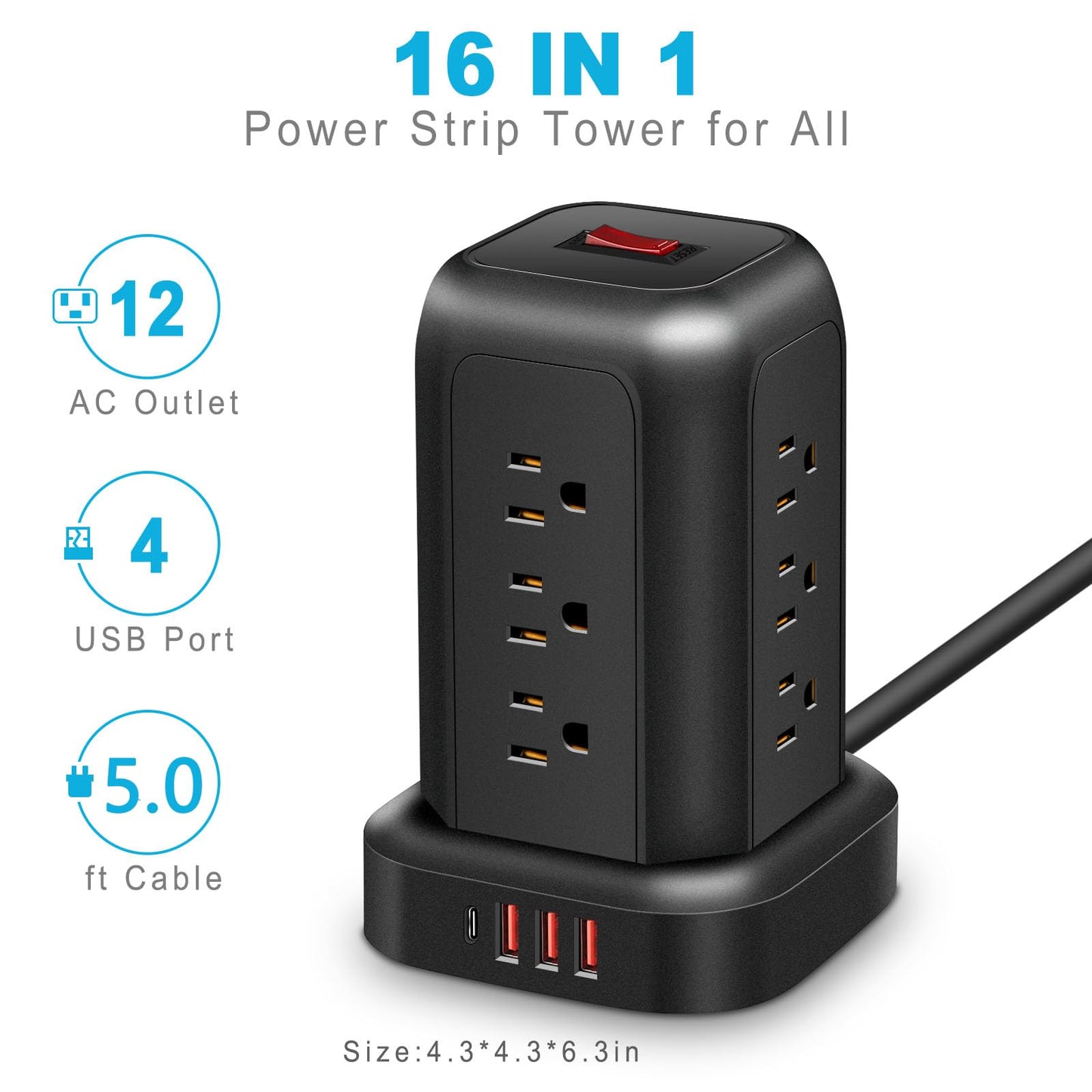 FUAUFAS Tower Power Strip Surge Protector USB Ports, Multiple Outlets Ports Desktop Charging Station, Flat Plug, Wall Mount,with Night Light Station
